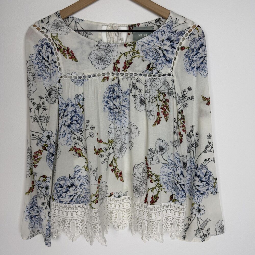 Antropologie Blouse Womens XS Multicolor Floral Crochet Tassel Long Sleeve Boho